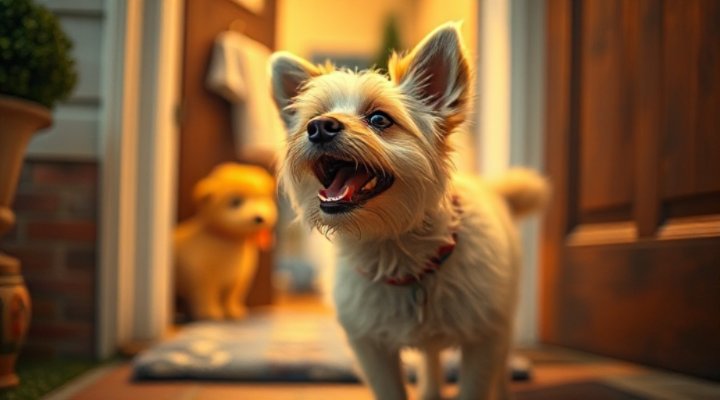 A cute dog barking at the door, looking alert and curious