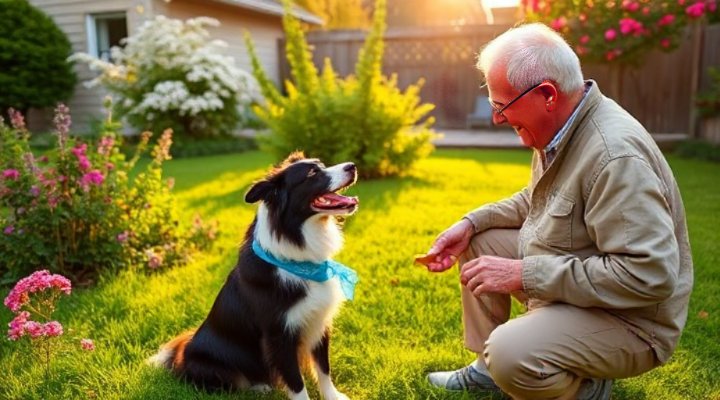 Owner praising and petting an adult border collie after successful potty outside