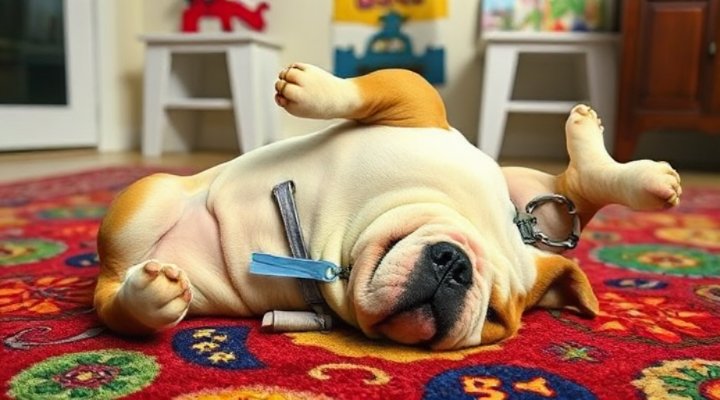 A funny bulldog playing dead on a rug