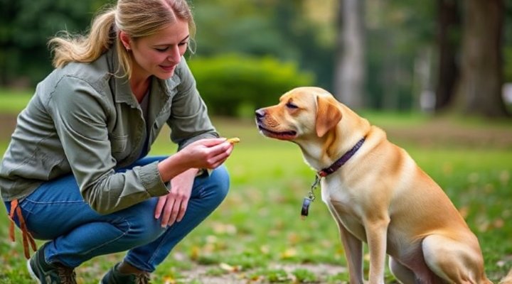 Professional trainer using positive reinforcement to calm an aggressive dog
