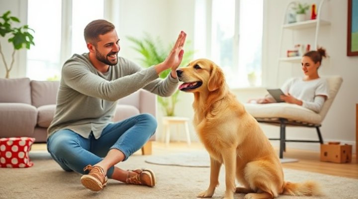 A happy golden retriever giving a high-five to its owner