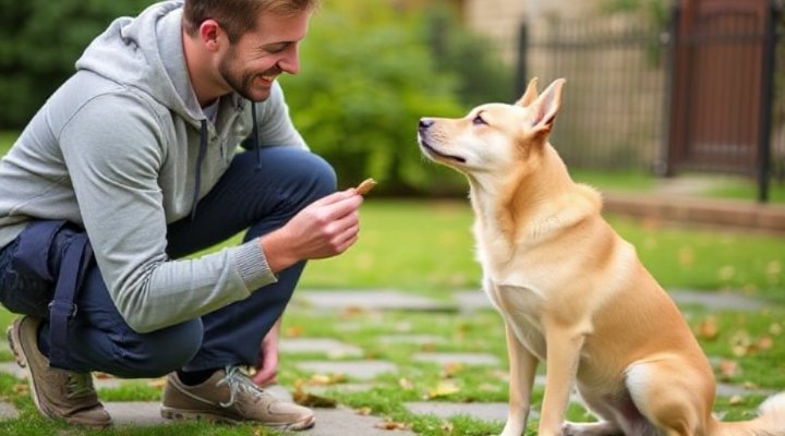 A happy owner giving a treat to a calm dog