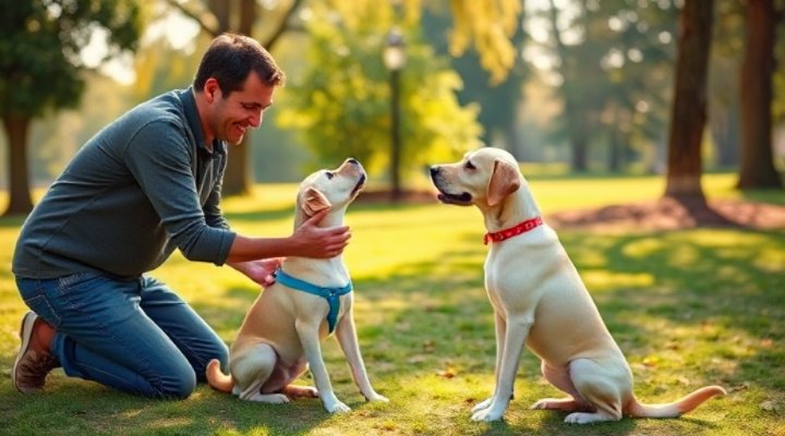 Owner teaching dog the stay command