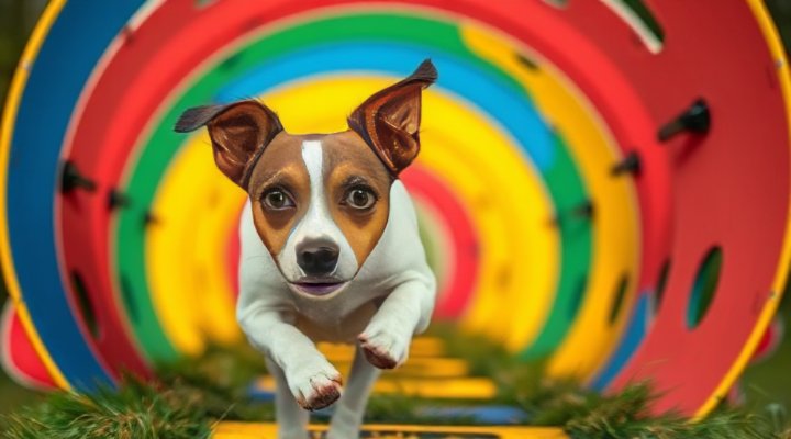 Adorable Jack Russell Terrier emerging from an agility tunnel
