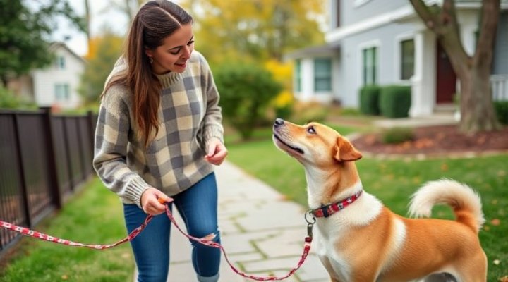 Owner teaching dog to heel during walk