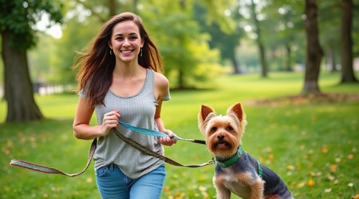 Owner walking a small dog with a secure leash