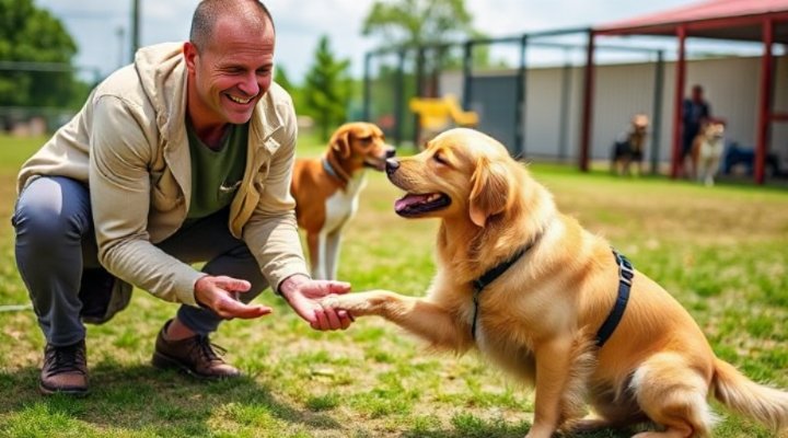 A happy golden retriever playing with a trainer at a residential dog training camp