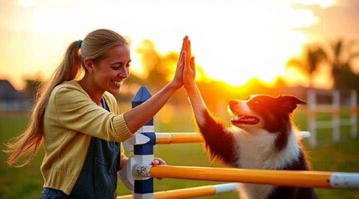 Woman and her Border Collie celebrating with high-five after agility course