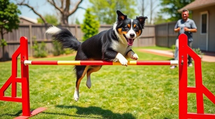 A joyful Border Collie jumping over a small agility hurdle in a backyard