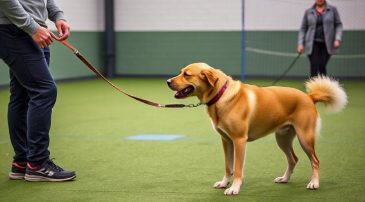 Professional trainer managing an aggressive dog