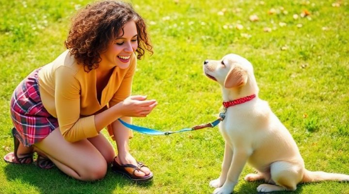 Owner teaching dog to sit using positive reinforcement