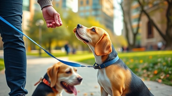 Owner rewarding their dog with treats for good walking behavior