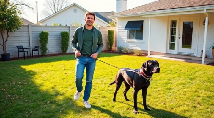 Adult Labrador on leash being taken to designated potty area in backyard