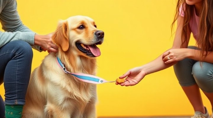 A happy dog receiving a treat during training