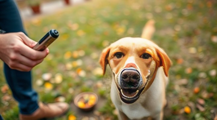 A dog responding to a clicker during training