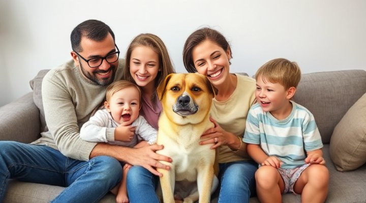 Family members petting and bonding with their dog after behavior modification