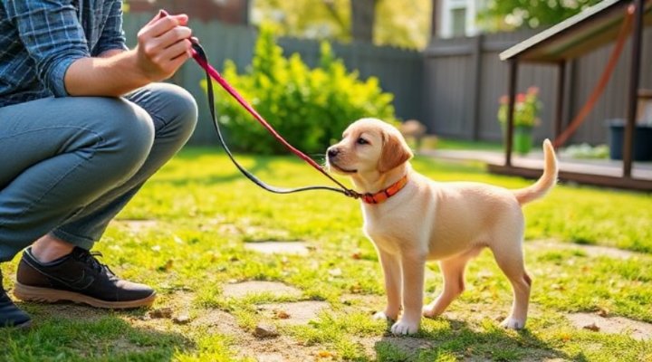 Puppy learning leash training