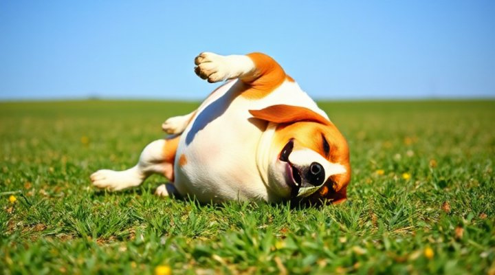 A playful beagle rolling over on a grassy field