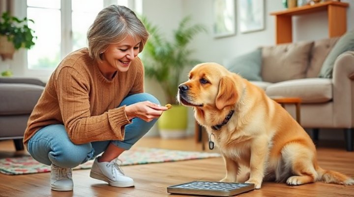 Owner using positive reinforcement to house train an adult golden retriever