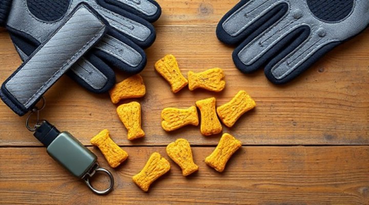Assortment of healthy dog treats and clicker used in agility training