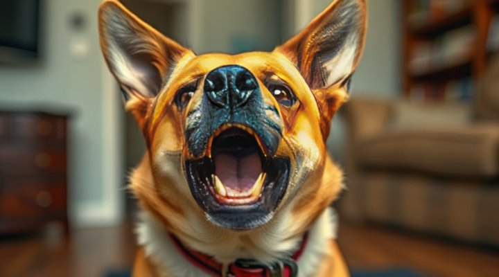 Dog displaying aggressive behavior with raised hackles and bared teeth
