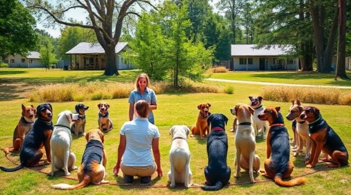 Multiple dogs learning together in a group training session
