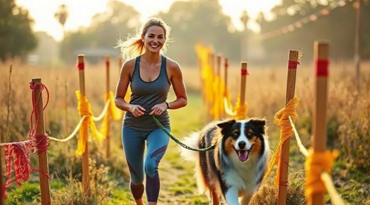 Woman patiently guiding her Australian Shepherd through agility weave poles