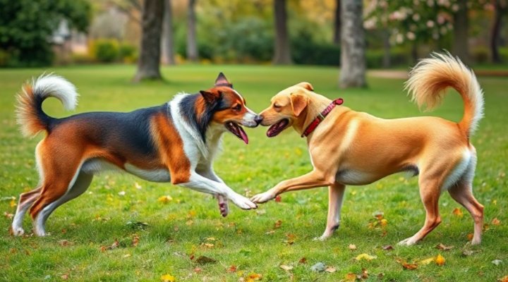 Two dogs playing together after successful aggression training