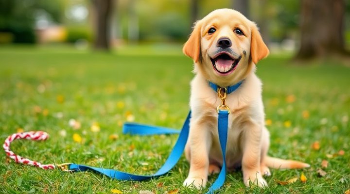 Puppy wearing a training leash