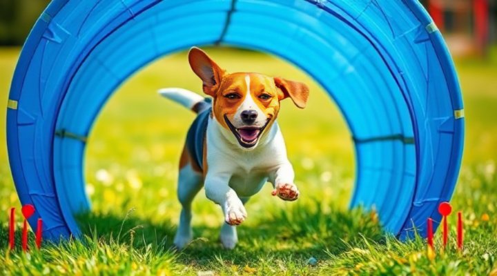 Excited Beagle running through a collapsible agility tunnel