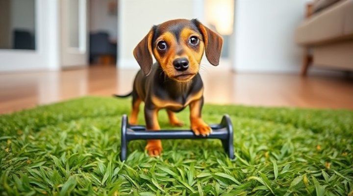 Small dog using a grass pad for potty training in an apartment