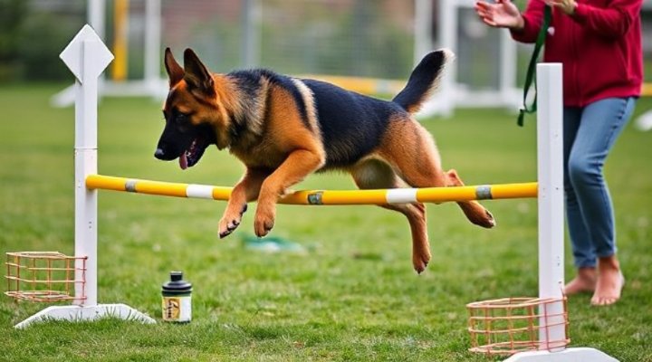 German Shepherd puppy practicing advanced agility training