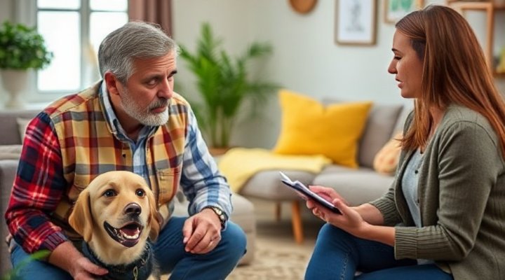 Dog owner consulting with a professional trainer about aggressive behavior