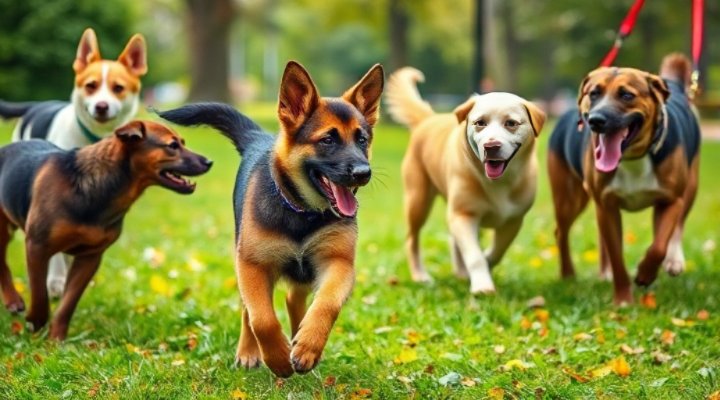German Shepherd puppy playing and socializing with other dogs
