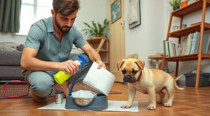 Responsible owner cleaning a potty accident with supplies