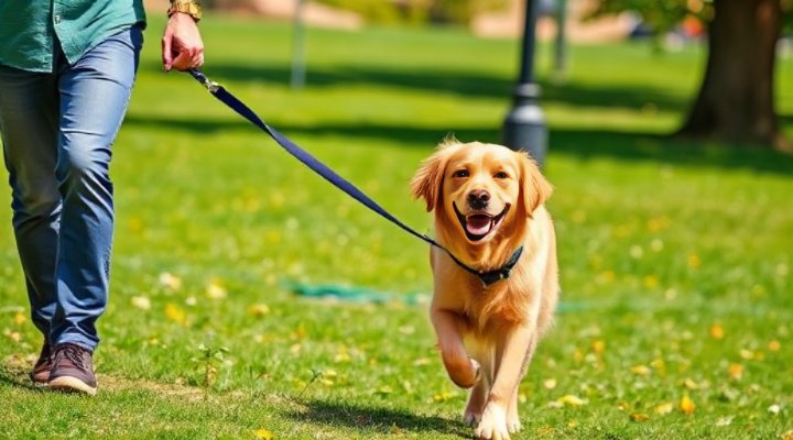 A joyful golden retriever walking calmly beside its owner on a sturdy leash