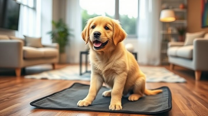Adorable puppy sitting on a training pad in a cozy apartment
