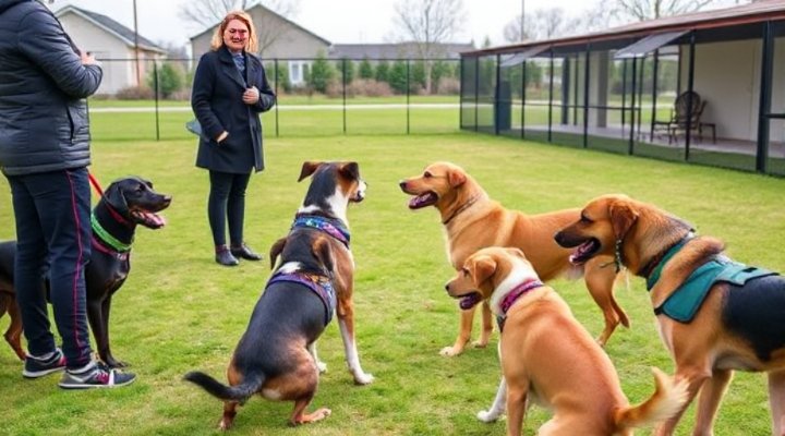 Group training session for aggressive dogs with a professional trainer