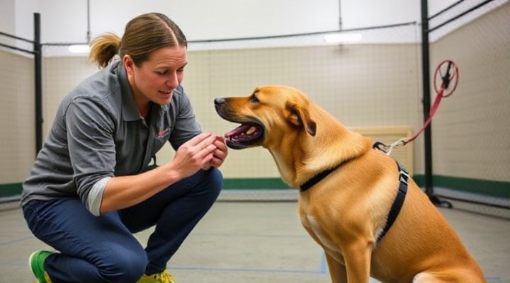 Professional dog trainer handling an aggressive dog with care