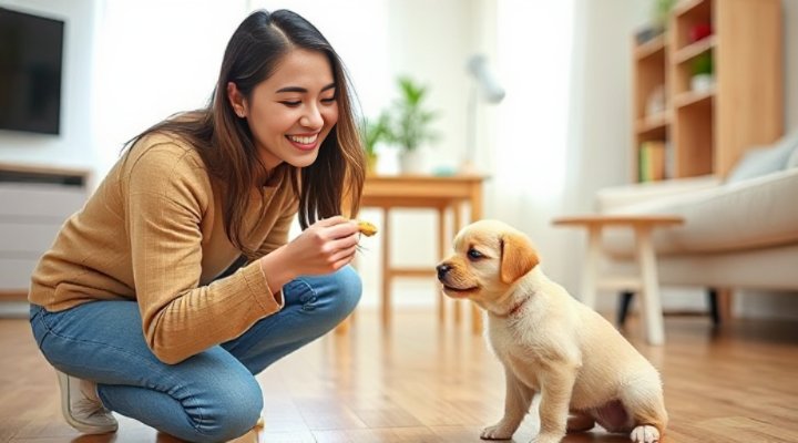 Happy owner giving a treat to a puppy during potty training