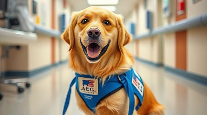 Golden retriever therapy dog in a vest