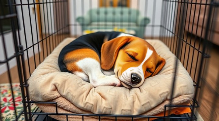 Peaceful puppy resting in a crate during potty training
