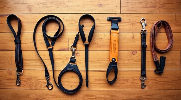 Comparison of various no-pull dog leashes laid out on a table