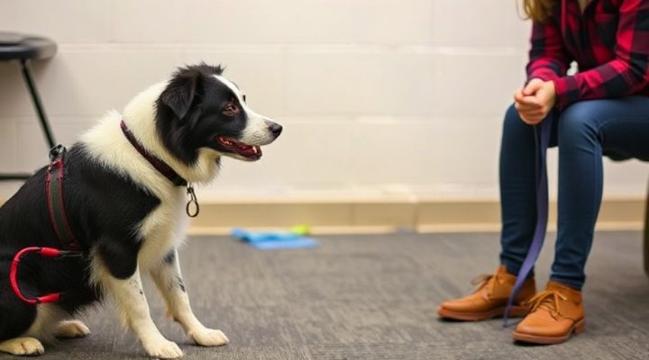 Trainer using desensitization techniques with a fearful-aggressive dog