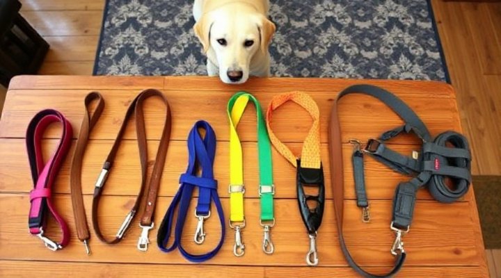 Comparison of various no-pull dog leashes on a table