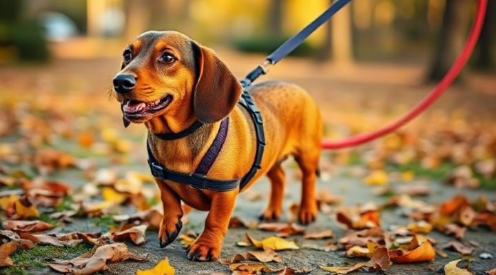 Small breed dog comfortably wearing a no-pull harness
