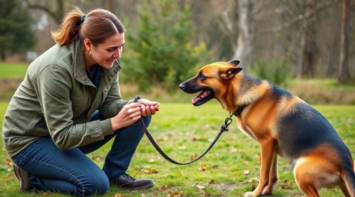 Certified dog trainer using positive reinforcement with a growling German Shepherd