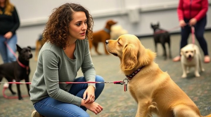 Owner and dog practicing commands during training