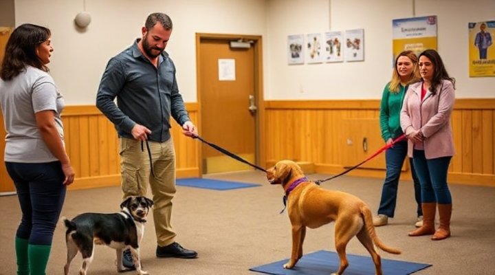 Professional dog trainer showing proper leash techniques to class participants