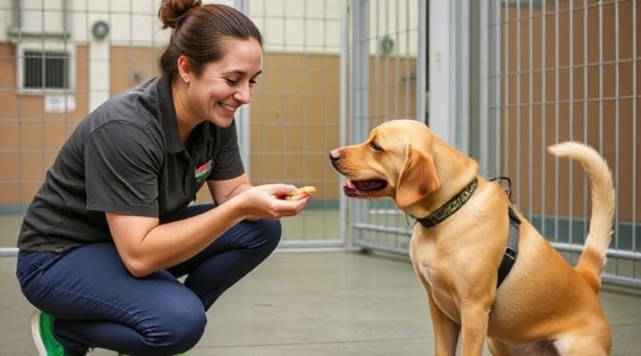 A kind and patient staff member gently petting a reactive dog in a boarding facility